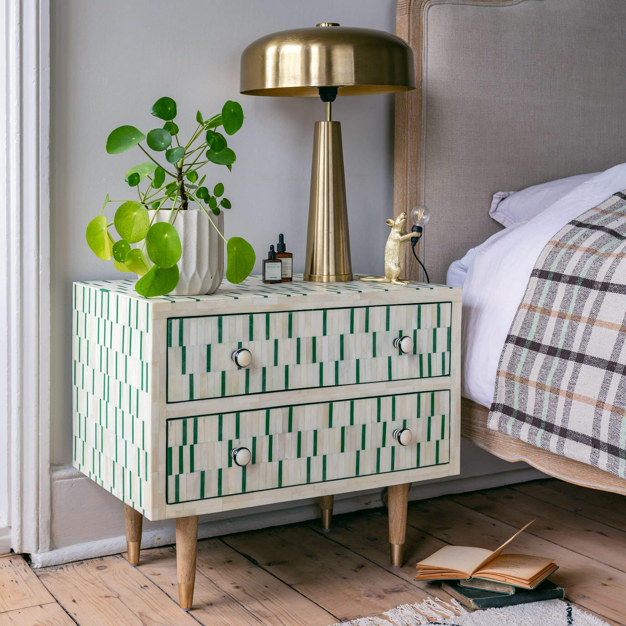 Dash Bone Inlay Bedside Table in Green