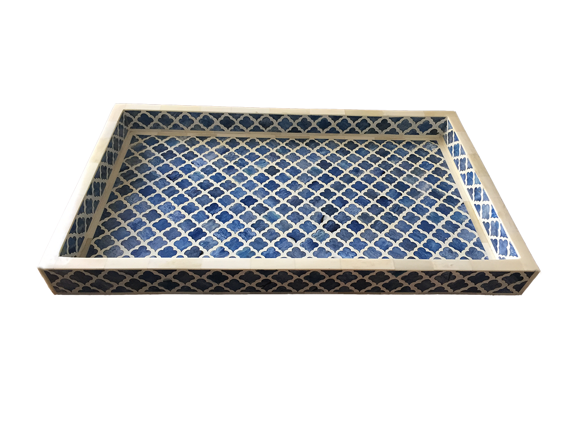 Bone Inlay Rectangular Tray in Quatrefoil/Indigo