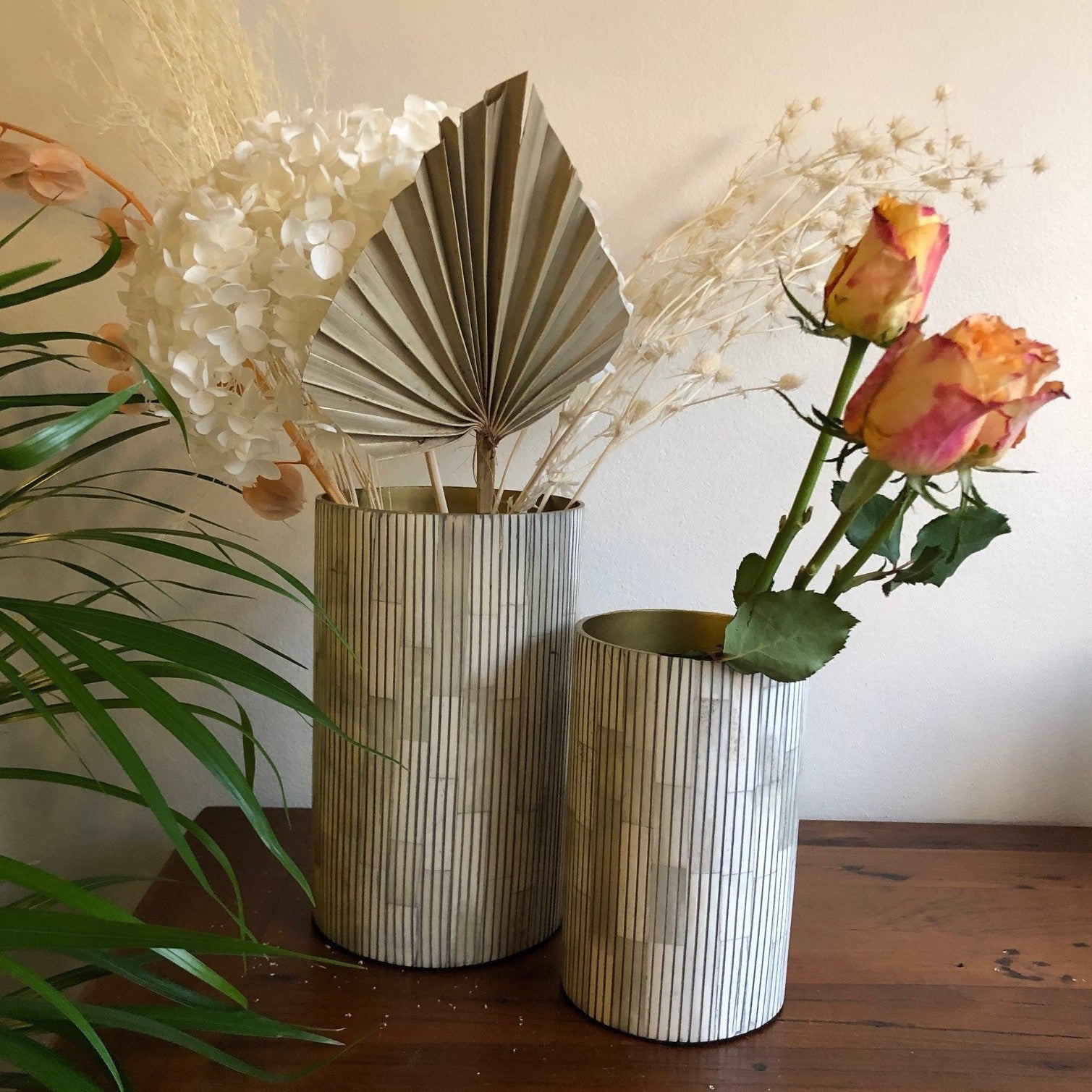 Bone Inlay Vase in Charcoal Stripe