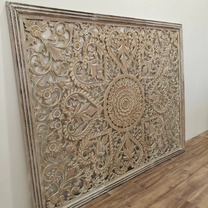 Carved Square Cutout Timber Bedhead in White Wash
