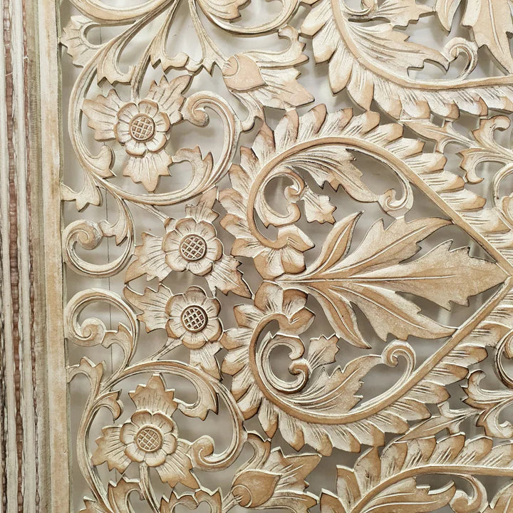 Carved Square Cutout Timber Bedhead in White Wash