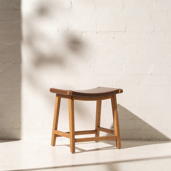 Cree Teak Stool with Vintage Leather Pad