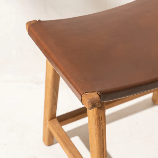 Cree Teak Stool with Vintage Leather Pad