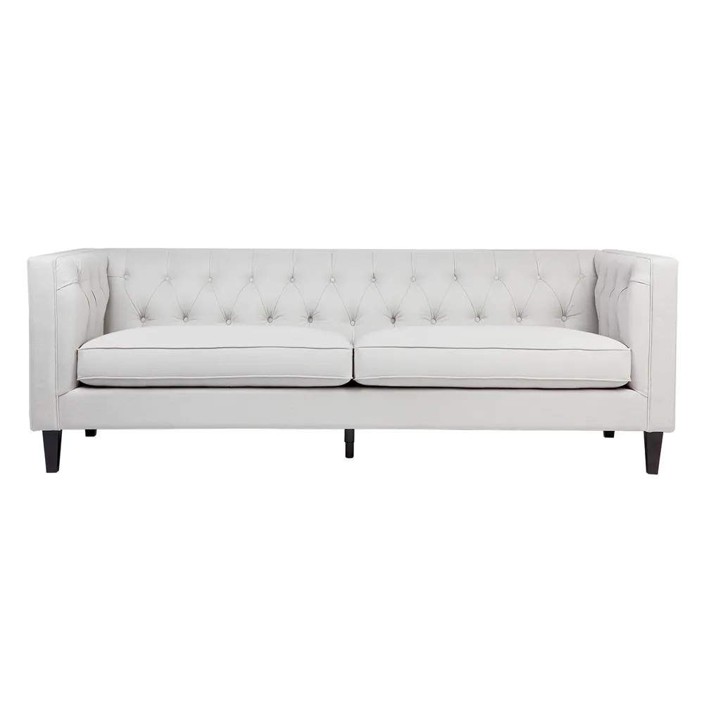 Tuxedo 3 Seater Tufted Sofa in Cool Grey Linen