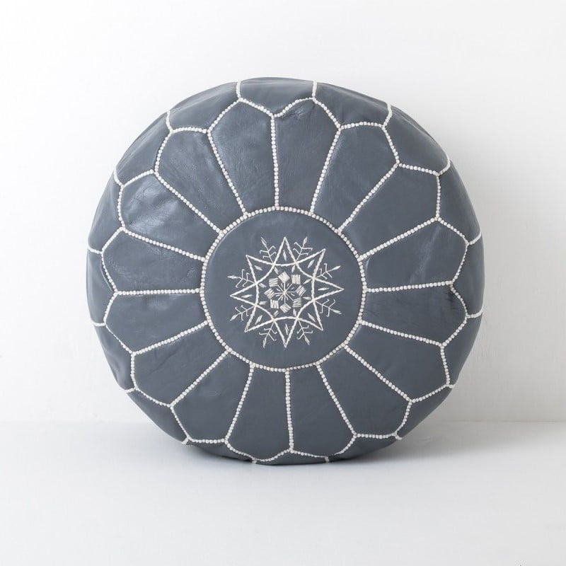 Moroccan Leather Pouffe in Grey