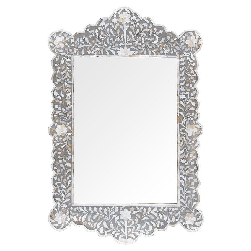 Mother of Pearl Inlay Scalloped Mirror in Grey