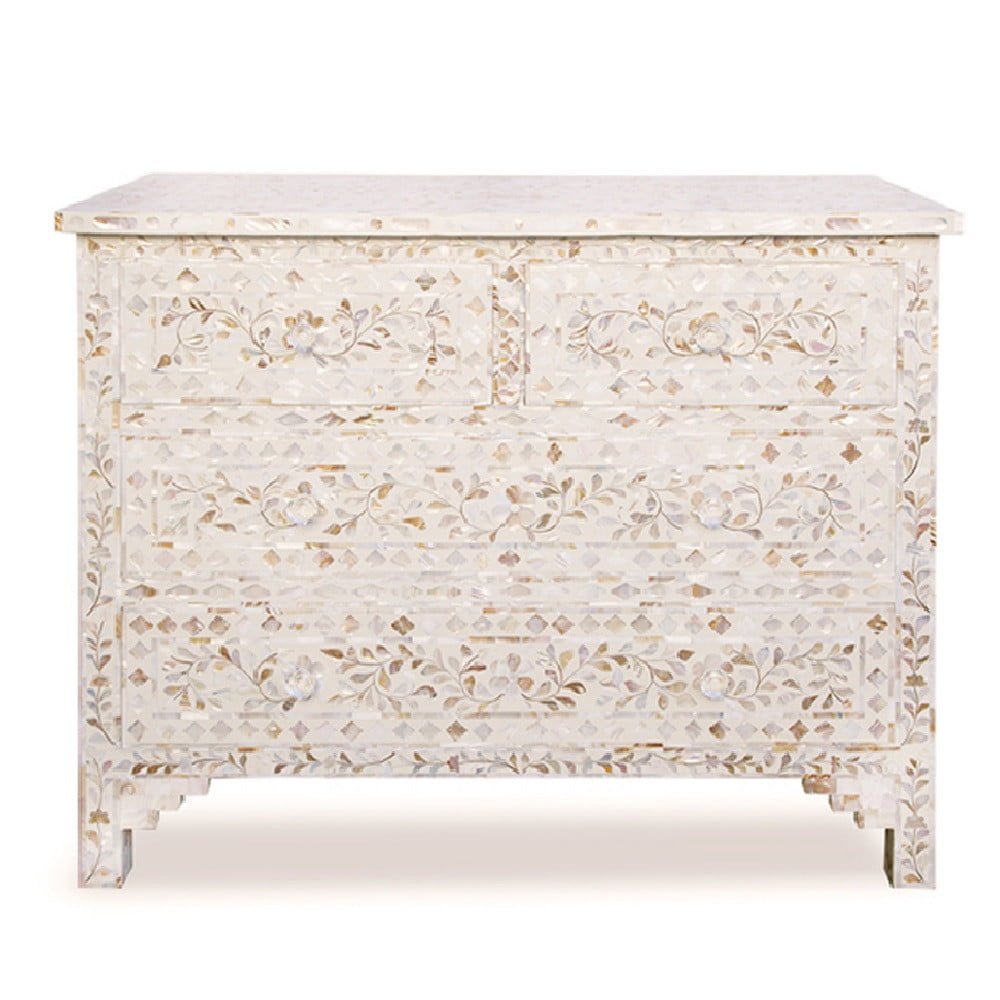 Mother of Pearl Inlay 4 Drawer Chest in White