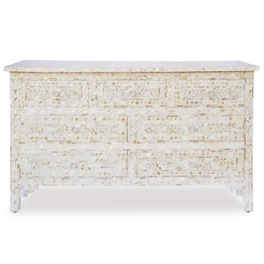 Mother Of Pearl Inlay 7 Drawer Chest in White