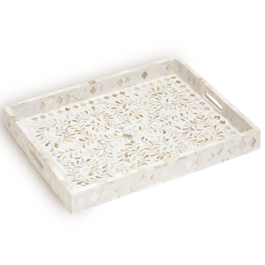 Mother of Pearl Inlay Rectangular Tray in Floral/White