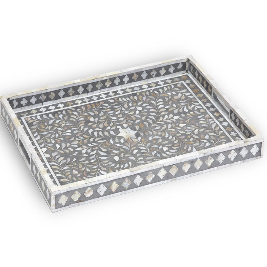Mother of Pearl Inlay Rectangular Tray in Floral/Grey