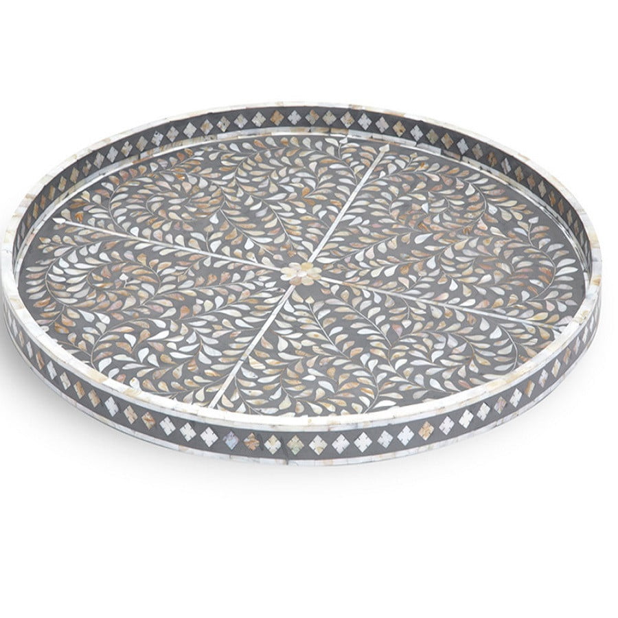 Mother of Pearl Inlay Large Round Tray in Grey