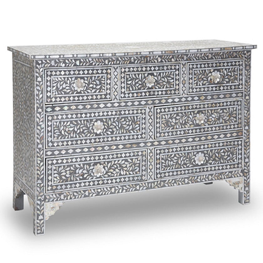 Mother of Pearl Inlay 7 Drawer Chest in Grey