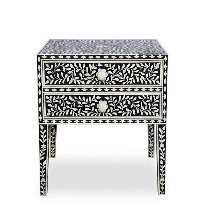 Bone Inlay Bedside Table with 2 Drawers in Black