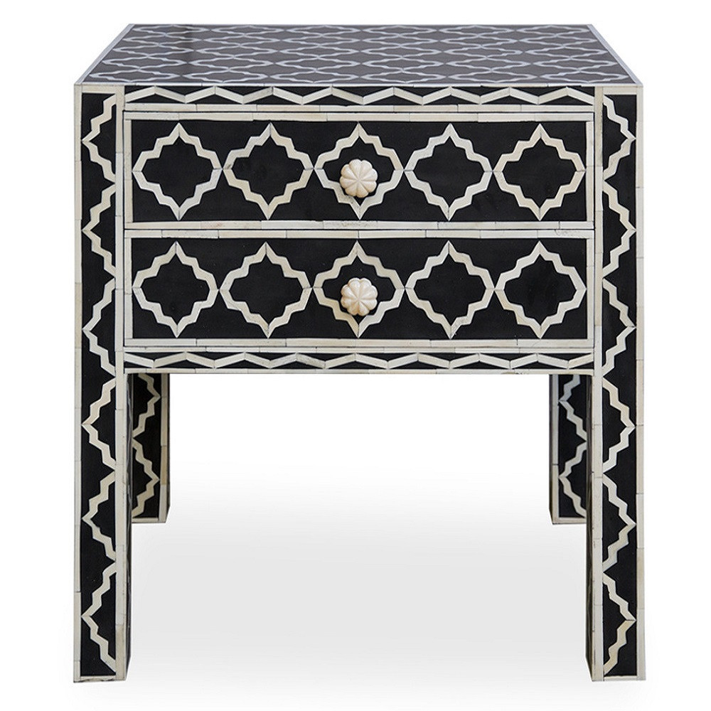 Bone Inlay Moroccan Bedside Table with 2 Drawers in Black