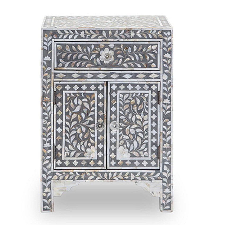 Mother of Pearl Inlay Bedside Cabinet in Grey